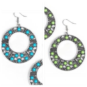 Turquoise and green round beaded silver earrings - 2 pairs